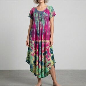 Artsy Boho Embroidery Maxi Dress With Sheer sleeves Free Size Fits Large